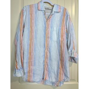 Caribbean Men L Tropical Striped 100% Linen Long Roll Tab Sleeve Button Up Shirt